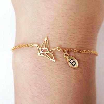 origami crane bracelet, Personalized bracelet, initial bracelet, initial charm, bird bracelet, christmas gift, Bridesmaid gift,animal