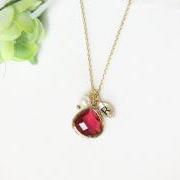 Leaf initial, Ruby crystal pendant necklace, with freshwater pearl, stone in bezel, Initial necklace, birthstone of July