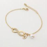 Infinity bracelet, Initial bracelet, Personalized bracelet, Swarovski Pearl , Bridesmaid gift, Leaf Initial Bracelet, Friendship Jewelry