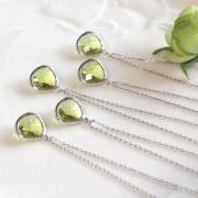 Bridesmaid gifts - Set of 5 - Peridot crystal pendant necklace, Olive Green, stone in bezel