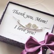 Mothers day gift - Thank you card with Two bird initial necklace, Personalized Initial Jewelry, Family necklace, Mom jewelry, gifts for mom