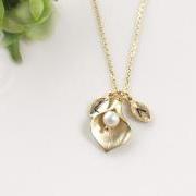 Leaf initial, Calla lily flower necklace,Initial necklace, freshwater pearl, mothers day
