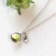 Leaf initial, Peridot crystal pendant necklace, Olive Green, Initial necklace, August Birthstone, Birthday Gift