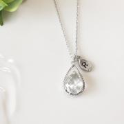 Leaf initial, Clear crystal drop necklace, Gorgeous Drop ,stone in twisted bezel,Initial necklace