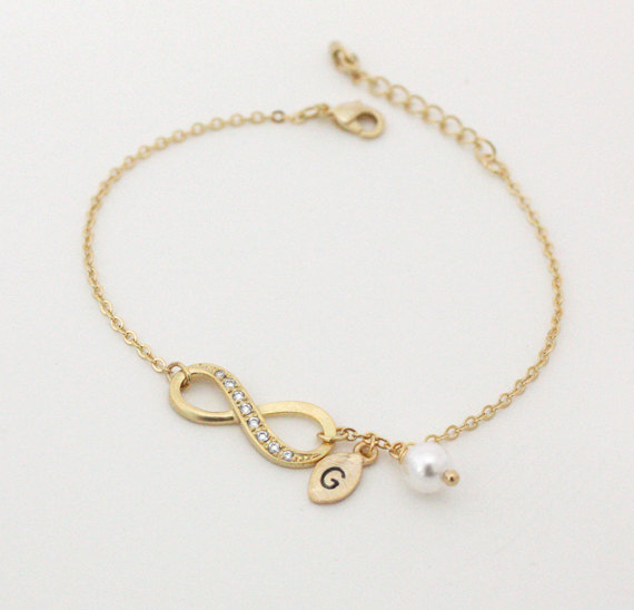 Infinity Bracelet Initial Personalized Infinity Bracelet Initial Personalized Swarovski Pearl Bridesmaid Gift Leaf