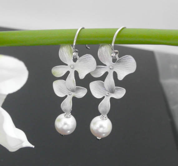 Orchid Flowers Earring, Swarovski Pearl , Bridesmaid Gifts, Wedding