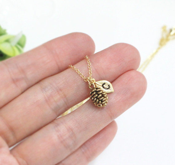 Tiny Pine Cone Necklace 4 Set, Personalized Necklace, Initial Necklace