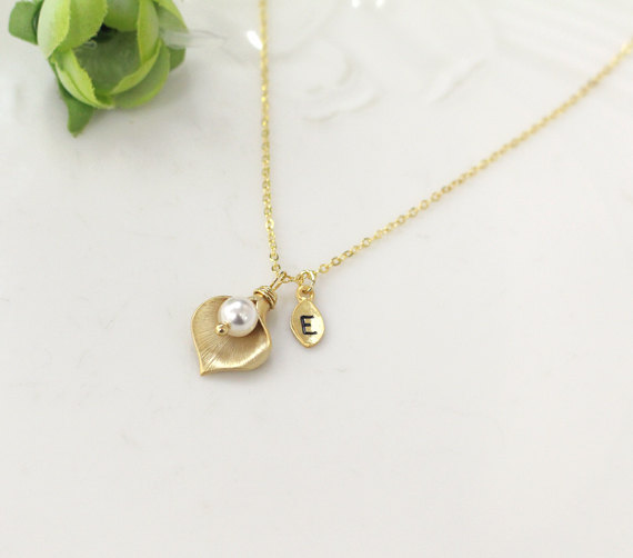 Bridesmaid Gifts Set Of 4 leaf Initial, Calla Lily Flower Necklace