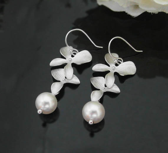 Orchid Flowers Earring, Swarovski Pearl , Bridesmaid Gifts, Wedding