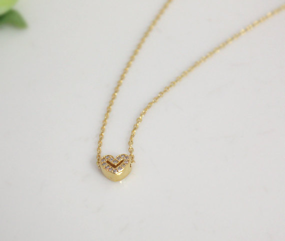 Golden Tiny Heart Simple Necklace, Crystal Heart, Friendship Necklace ...